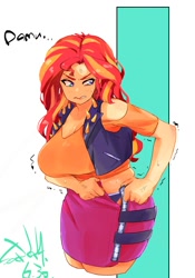 Size: 1400x2000 | Tagged: safe, artist:sozglitch, derpibooru import, sunset shimmer, human, g4, big breasts, breasts, chubby, cleavage, clothes, cross-popping veins, dialogue, emanata, female, huge breasts, implied weight gain, plump, solo, sunset jiggler, sweat, text, tight clothing
