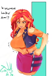 Size: 1400x2000 | Tagged: safe, alternate version, artist:sozglitch, derpibooru import, sunset shimmer, human, g4, breasts, chubby, cleavage, clothes, cross-popping veins, dialogue, emanata, female, implied weight gain, looking at you, open mouth, plump, solo, sweat, talking, talking to viewer, text, tight clothing