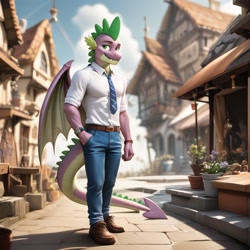 Size: 1024x1024 | Tagged: safe, ai content, derpibooru import, generator:pony diffusion v6 xl, generator:stable diffusion, machine learning generated, spike, anthro, dragon, g4, belt, clothes, day, male, necktie, older, older spike, pants, prompter:thedragongenerator, shirt, shoes, smiling, solo, tail, town, watch, wings