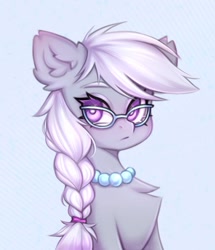 Size: 808x941 | Tagged: safe, artist:arisuyukita, derpibooru import, silver spoon, earth pony, pony, g4, braid, braided ponytail, chest fluff, colored eyebrows, ear fluff, ears, eyebrows, female, glasses, jewelry, looking at you, mare, necklace, older, older silver spoon, ponytail, solo