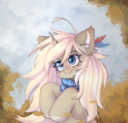 Size: 2020x1944 | Tagged: safe, artist:arisuyukita, derpibooru import, oc, oc only, oc:arisu yukita, pony, unicorn, autumn, clothes, colored eyebrows, ear fluff, ears, eyebrows, feather, feather in hair, female, freckles, horn, mare, scarf, smiling, solo, striped scarf, unicorn oc