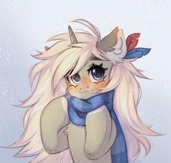 Size: 1648x1566 | Tagged: safe, artist:arisuyukita, derpibooru import, oc, oc only, oc:arisu yukita, pony, unicorn, blushing, chest fluff, clothes, ear fluff, ears, eyebrows, feather, feather in hair, female, freckles, horn, looking at you, mare, scarf, smiling, smiling at you, snow, snowfall, solo, striped scarf, unicorn oc, winter