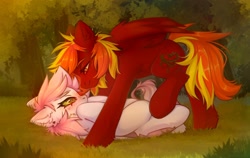 Size: 2560x1619 | Tagged: safe, artist:arisuyukita, derpibooru import, oc, oc only, oc:darkness (arisuyukita), oc:fire wind (arisuyukita), pegasus, pony, bedroom eyes, blushing, duo, duo male and female, ear fluff, ears, eye contact, female, forest, freckles, grass, leg fluff, leonine tail, looking at each other, looking at someone, lying down, male, mare, nature, oc x oc, on back, outdoors, partially open wings, pegasus oc, raised leg, shipping, smiling, stallion, straight, tail, tree, wings