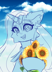 Size: 3500x4773 | Tagged: safe, artist:stesha, derpibooru import, pony, unicorn, commission, flower, horn, sketch, sky, solo, sunflower, ych sketch, your character here