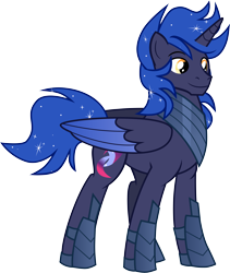 Size: 8380x9945 | Tagged: safe, artist:shootingstarsentry, derpibooru import, oc, oc only, oc:artemis, alicorn, pony, absurd resolution, armor, colored wings, folded wings, golden eyes, gradient wings, hoof shoes, male, male alicorn, male alicorn oc, peytral, simple background, smiling, solo, sparkly mane, sparkly tail, stallion, standing, tail, transparent background, vector, wings