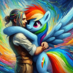 Size: 1024x1024 | Tagged: source needed, safe, ai content, derpibooru import, generator:bing image creator, generator:dall-e 3, machine learning generated, rainbow dash, human, pegasus, pony, duo, duo male and female, female, hug, human on pony snuggling, impressionism, male, modern art, multicolored hair, painting, prompter needed, rainbow hair, snuggling