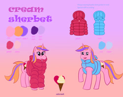 Size: 1592x1259 | Tagged: safe, artist:redfire-pony, derpibooru import, oc, oc only, oc:cream sherbet, pony, unicorn, clothes, female, gradient background, horn, jacket, mare, reference sheet, solo, vest, winter outfit