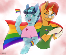 Size: 2408x2000 | Tagged: safe, artist:erein, derpibooru import, sunburst, thorax, changeling, crystal pony, pony, unicorn, g4, clothes, crystal hoof, disguise, disguised changeling, duo, duo male, ears up, flag, gay, gay pride flag, glasses, high res, horn, lgbt, looking at each other, looking at someone, male, pride, pride flag, pride month, shipping, shirt, smiling, stallion, sunburst's glasses, t-shirt, thoraxburst, wristband