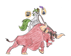 Size: 1792x1412 | Tagged: safe, artist:fleximusprime, derpibooru import, texas (tfh), oc, bull, pony, unicorn, them's fightin' herds, atg 2024, coffee, community related, curved horn, horn, male, newbie artist training grounds, poison, simple background, traditional art, white background