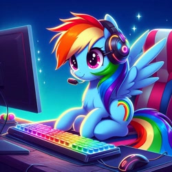 Size: 1024x1024 | Tagged: safe, ai content, derpibooru import, machine learning generated, rainbow dash, pegasus, pony, g4, computer, cute, dashabetes, gamer dash, headphones, headset, headset mic, keyboard, microphone, monitor, prompter:nightofcore, solo, wrong cutie mark