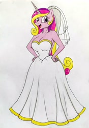 Size: 2456x3500 | Tagged: safe, artist:killerteddybear94, derpibooru import, princess cadance, anthro, big breasts, breasts, bride, clothes, dress, hand on hip, looking at you, princess cansdance, smiling, traditional art, wedding dress