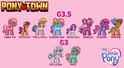 Size: 771x425 | Tagged: safe, artist:starrscout-23, derpibooru import, cheerilee (g3), minty, pinkie pie (g3), rainbow dash (g3), scootaloo (g3), star catcher, starsong, sweetie belle (g3), toola roola, dragon, earth pony, pegasus, pony, unicorn, g3, g3.5, core seven, female, filly, foal, horn, light pink background, mare, my little pony logo, names, pigtails, pink background, pony town, simple background, text, whimsey weatherbe