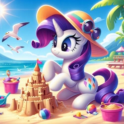 Size: 1024x1024 | Tagged: safe, ai content, derpibooru import, machine learning generated, rarity, bird, pony, seagull, unicorn, g4, beach, bucket, hat, horn, ocean, palm tree, prompter:nightofcore, sandcastle, shovel, solo, sunglasses, sunglasses on head, tree, water, wrong cutie mark