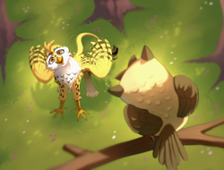 Size: 3000x2281 | Tagged: safe, artist:djkaskan, derpibooru import, owlowiscious, oc, oc:beaky, bird, griffon, owl, fanfic:yellow feathers, forest, griffon oc, high res, looking up, nature, paws, spread wings, tree, tree pov, wings
