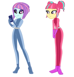 Size: 2014x2082 | Tagged: safe, artist:skyfallfrost, derpibooru import, sour sweet, sunny flare, human, equestria girls, g4, base used, catsuit, cellphone, clothes, duo, duo female, eyeshadow, female, latex, latex suit, makeup, phone, simple background, totally spies, white background