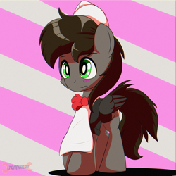 Size: 2000x2000 | Tagged: safe, artist:trackheadtherobopony, derpibooru import, oc, oc:razor uniboop, pegasus, baker, blushing, bowtie, shy, solo