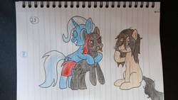 Size: 1600x900 | Tagged: safe, derpibooru import, edit, trixie, oc, oc:floor bored, oc:zippers, earth pony, pony, unicorn, 28, bald, cute, eyes closed, horn, hug, lined paper, paper, trio