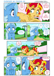 Size: 828x1163 | Tagged: safe, artist:jeremy3, derpibooru import, sunset shimmer, trixie, pony, unicorn, comic:everfree my friend, bench, canterlot, digital art, fanart, horn, park, park bench