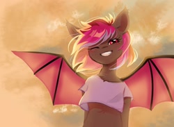 Size: 1440x1053 | Tagged: safe, artist:melodylibris, derpibooru import, oc, oc only, oc:sofy, bat pony, pony, backlighting, bat pony oc, birthday art, blushing, brown coat, bust, chest fluff, clothes, colored pinnae, colored sketch, colored wings, day, ear tufts, eyelashes, fangs, female, gift art, grin, looking at you, mare, one eye closed, outdoors, red eyes, shiny eyes, shiny mane, shirt, short shirt, sketch, sky background, smiling, smiling at you, solo, spread wings, t-shirt, three toned mane, tri-color mane, tri-colored mane, tricolor mane, tricolored mane, two toned wings, windswept mane, wings, wink, winking at you