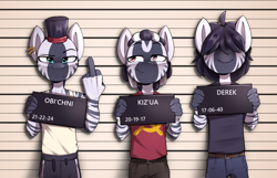 Size: 3904x2508 | Tagged: safe, artist:felixf, derpibooru import, oc, oc only, oc:derek, oc:kizya, oc:obichni, anthro, zebra, zebra oc