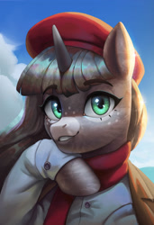 Size: 2500x3657 | Tagged: safe, artist:mrscroup, derpibooru import, oc, oc:obsidian limelight, crystal pony, unicorn, beret, bust, french, green eyes, hat, hoof under chin, horn, looking at you, portrait, smiling, vacation