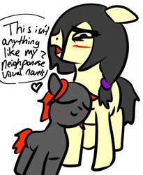 Size: 636x774 | Tagged: safe, derpibooru import, oc, oc:floor bored, oc:zippers, earth pony, pony, blushing, cute, duo, eyes closed, heart, nuzzling, simple background, speech bubble, text, white background