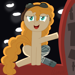 Size: 1000x1000 | Tagged: safe, artist:sleeplesseevee, derpibooru import, pear butter, earth pony, pony, g4, amputee, aviator goggles, ducktales, ducktales 2017, goggles, light, long hair, long mane, long tail, prosthetic leg, prosthetic limb, prosthetics, shading, sitting, solo, tail