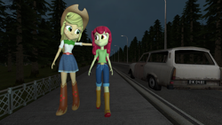 Size: 2048x1152 | Tagged: safe, artist:gaelgaming1, derpibooru import, apple bloom, applejack, human, equestria girls, g4, 3d, applejack's hat, boots, car, clothes, cowboy hat, duo, duo female, female, hat, night, shoes, source filmmaker, walking