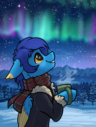 Size: 1402x1868 | Tagged: safe, artist:helmie-art, derpibooru import, oc, oc only, oc:helmie, pegasus, pony, aurora borealis, clothes, coat, colored eartips, colored wings, forest, looking up, mountain, mug, nature, night, pegasus oc, scarf, scenery, side view, smiling, snow, stars, tree, two toned wings, wings, winter