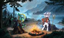 Size: 5068x3000 | Tagged: safe, artist:helmie-art, derpibooru import, oc, oc only, oc:typh, original species, pony, accordion, arrow, bow (weapon), campfire, clothes, dagger, duo, fire, mountain, mouth hold, musical instrument, scenery, ship, sitting, smiling, tent, tree, tree stump, trident, water, weapon