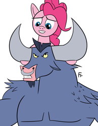 Size: 2492x3211 | Tagged: safe, artist:frownfactory, derpibooru import, iron will, pinkie pie, earth pony, minotaur, pony, g4, atg 2024, duo, duo male and female, female, grin, gritted teeth, horns, looking at each other, looking at someone, male, mare, newbie artist training grounds, simple background, smiling, teeth, transparent background