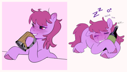 Size: 2266x1290 | Tagged: safe, artist:aztrial, derpibooru import, berry punch, berryshine, earth pony, pony, g4, alcohol, alcoholism, cider mug, drool, drunk, female, grin, mare, mug, onomatopoeia, sleeping, smiling, solo, sound effects, unshorn fetlocks, wine, zzz