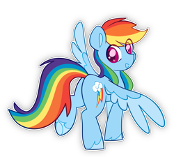 Size: 2150x1935 | Tagged: safe, anonymous artist, derpibooru exclusive, derpibooru import, rainbow dash, pegasus, pony, butt, colored wings, eye clipping through hair, female, looking back, mare, multicolored wings, outline, plot, rear view, simple background, smiling, solo, spread wings, transparent background, underhoof, unshorn fetlocks, white outline, wings