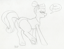 Size: 1337x1022 | Tagged: safe, artist:hericks, sapphire shores, pony, butt, clothing, female, looking back, plot, sketch, speech bubble, sweat, traditional art, underhoof, workout outfit