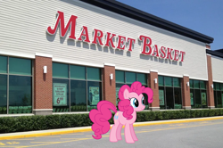 Size: 1000x663 | Tagged: safe, artist:deyrasd, artist:topsangtheman, derpibooru import, edit, pinkie pie, earth pony, pony, g4, cute, diapinkes, female, irl, irl photo, mare, market basket, outdoors, photo, solo, street