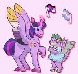 Size: 1280x1212 | Tagged: safe, artist:ponydoodles, spike, twilight sparkle, dragon, pony, duo, pride, transgender pride flag