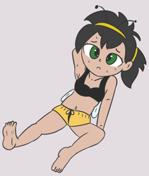 Size: 700x830 | Tagged: safe, artist:wanda, oc, oc only, oc:anon filly, human, armpits, belly button, child, clothes, female, girl, gym shorts, human female, humanized, humanized oc, shorts, simple background, sports bra, stretching, sweat, sweating, white background