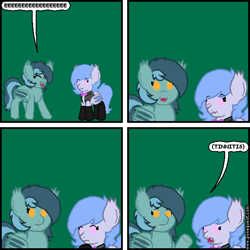 Size: 574x574 | Tagged: safe, artist:jerkface, derpibooru import, oc, oc only, oc:dusky, oc:lucky roll, bat pony, 4 panel comic, ^^, bat pony oc, bat wings, bonequest, bowtie, clothes, comic, dialogue, eeee, eyes closed, fangs, female, jerk city, looking at you, mare, open mouth, scrunchy face, simple background, smiling, socks, speech bubble, text, tinnitus, vest, wings