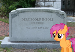 Size: 720x497 | Tagged: safe, scootaloo, graveyard, meta, ponybooru, sad, tombstones