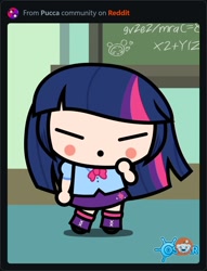 Size: 1164x1520 | Tagged: safe, artist:oscar, twilight sparkle, human, :o, blush sticker, blushing, chalkboard, clothes, cute, humanized, pucca, reddit, twiabetes