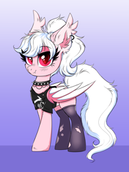 Size: 3000x4000 | Tagged: safe, artist:confetticakez, derpibooru import, oc, oc only, oc:cream puff, bat pony, pony, bat pony oc, bat wings, blushing, choker, clothes, ear fluff, ear piercing, ear tufts, earring, ears, eyebrows, eyebrows visible through hair, fangs, female, folded wings, gradient background, high res, jewelry, looking at you, mare, piercing, punk, ripped stockings, shirt, smiling, smiling at you, solo, spiked choker, stockings, tail, thigh highs, torn clothes, wings