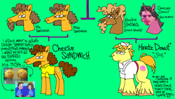 Size: 1440x810 | Tagged: safe, artist:msponies, derpibooru import, cheese sandwich, donut joe, earth pony, pony, unicorn, g4, family tree, green background, horn, jerma985, prevgen, simple background