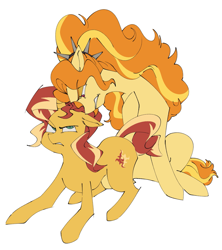 Size: 1453x1636 | Tagged: safe, artist:jzdog_0205, derpibooru import, adagio dazzle, sunset shimmer, earth pony, pony, unicorn, equestria girls, g4, angry, backwards cutie mark, duo, duo female, earth pony adagio dazzle, equestria girls ponified, female, frown, hoof on chest, horn, lesbian, lidded eyes, looking at each other, looking at someone, mare, ponified, ship:sunsagio, shipping, simple background, sitting, species swap, white background