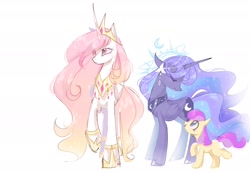 Size: 2048x1421 | Tagged: safe, artist:petaltwinkle, derpibooru import, princess celestia, princess luna, oc, alicorn, earth pony, pony, g4, alternate accessories, alternate color palette, alternate design, alternate eye color, alternate mane color, alternate tail color, bangles, blue eyes, colored sketch, crown, earth pony oc, ethereal mane, ethereal tail, eye clipping through hair, eyelashes, female, filly, filly oc, foal, folded wings, gradient mane, gradient tail, halo, headpiece, height difference, hoof shoes, horn, jewelry, long horn, long legs, long mane, long tail, looking at someone, looking down, looking up, multicolored mane, multicolored tail, peytral, pink eyes, princess shoes, purple coat, raised hoof, raised leg, regalia, royal sisters, siblings, signature, simple background, sisters, sketch, slender, smiling, sparkly mane, sparkly tail, standing, tail, thin, thin legs, tiara, trio, two toned mane, two toned tail, unnamed oc, wall of tags, wavy mane, wavy tail, white background, white coat, wings, yellow coat