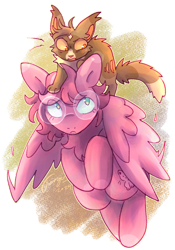 Size: 612x876 | Tagged: safe, artist:foryu, derpibooru import, oc, oc only, cat, pegasus, pony, abstract background, artfight, colored hooves, crossover, flapping wings, flying, frown, gift art, glasses, green eyes, hooves, hooves together, looking at someone, looking up, non-mlp oc, pink coat, pink hooves, pink mane, riding, riding a pony, round glasses, signature, simple background, transparent background, two toned eyes, warrior cats, wings, wings down