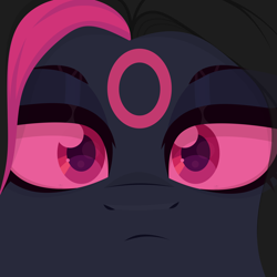 Size: 4600x4600 | Tagged: safe, artist:desombra, derpibooru import, oc, oc only, oc:black cherry, pegasus, black coat, black eyeshadow, black mane, colored pupils, colored sclera, eyelashes, eyeshadow, face, facial markings, female, frown, frowning at you, lidded eyes, looking at you, makeup, pink eyes, pink sclera, purple pupils, solo, two toned mane