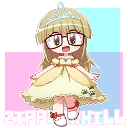 Size: 1500x1500 | Tagged: safe, artist:fikkyu019, artist:ikkyuu, derpibooru import, zippoorwhill, human, g4, chibi, child, clothes, cute, dress, female, glasses, humanized, jewelry, looking at you, open mouth, open smile, passepartout, pixiv, smiling, solo, tiara, zippoorbetes