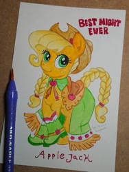 Size: 1536x2048 | Tagged: safe, artist:daisymane, derpibooru import, applejack, earth pony, pony, g4, the best night ever, braid, braided tail, clothes, dress, female, gala dress, looking at you, mare, smiling, smiling at you, solo, tail, traditional art