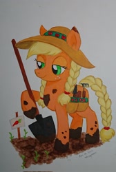 Size: 1374x2048 | Tagged: safe, artist:daisymane, derpibooru import, applejack, earth pony, pony, g4, alternate hairstyle, bag, braid, braided tail, female, hat, lidded eyes, mare, mud, saddle bag, shovel, solo, sun hat, tail, traditional art