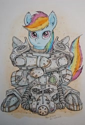 Size: 1398x2048 | Tagged: safe, artist:daisymane, derpibooru import, rainbow dash, pegasus, pony, fallout equestria, g4, armor, fallout, female, helmet, looking at you, mare, power armor, solo, traditional art